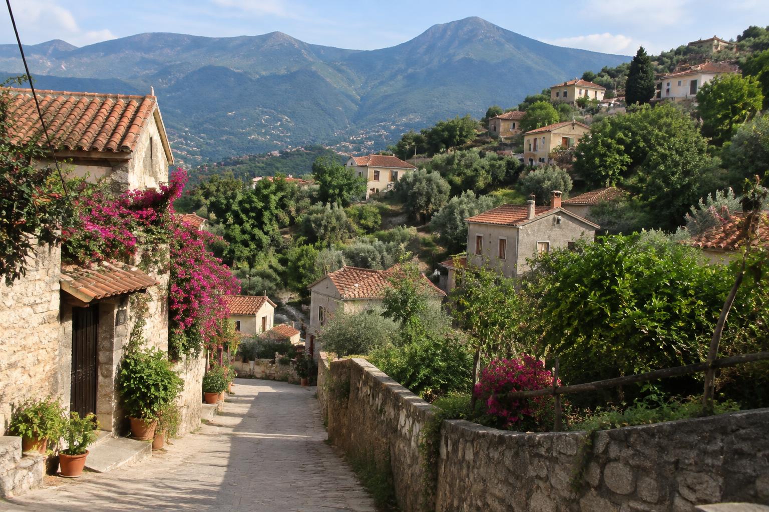 Ruelle fleurie et maisons traditionnelles du village kabyle d'Azra dans la wilaya de Tizi Ouzou