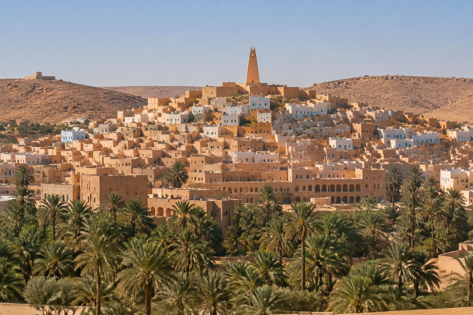 Cité historique de Ghardaïa dans la vallée du M'Zab avec son minaret et sa palmeraie