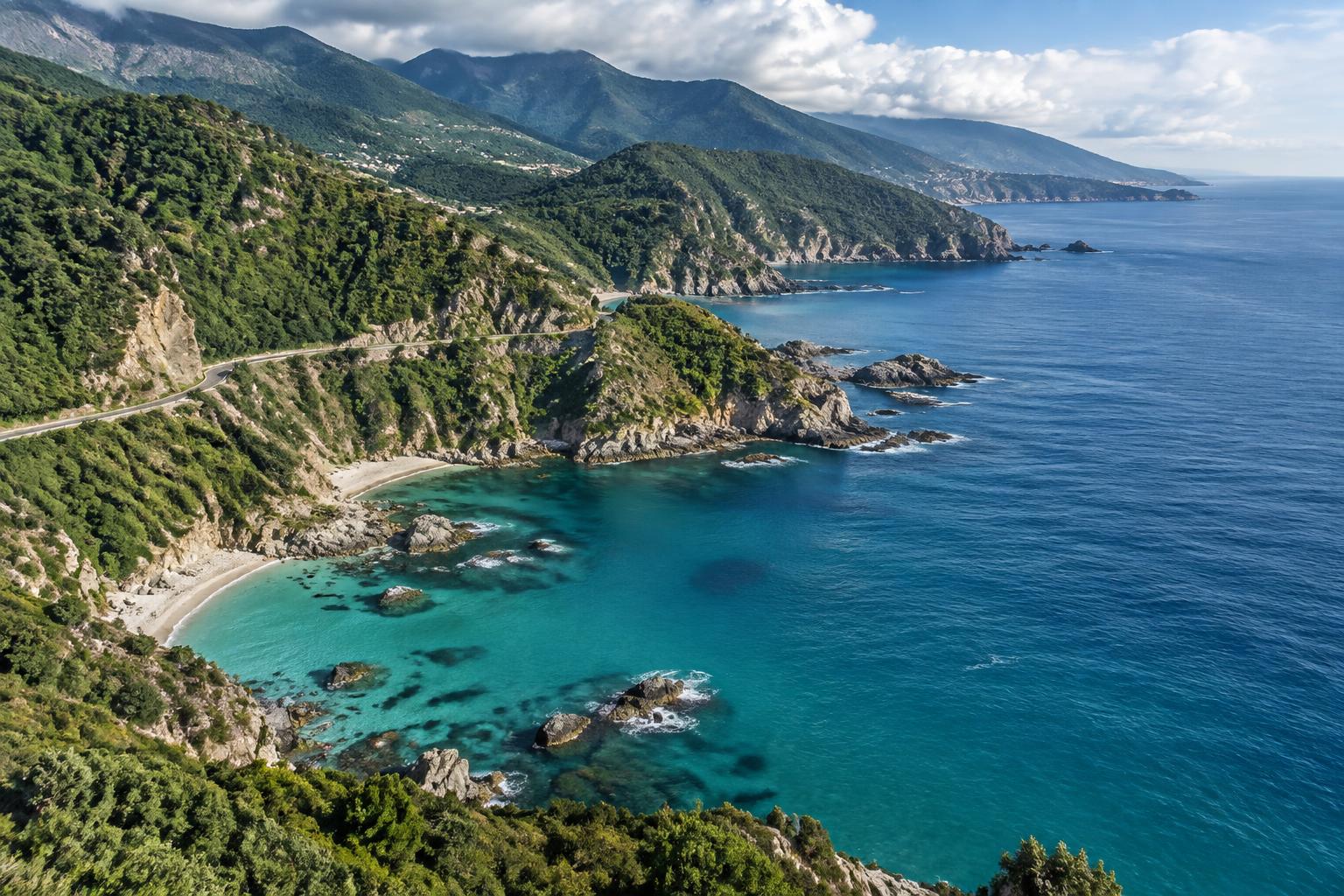 Littoral verdoyant de Jijel avec falaises, criques turquoise et route de corniche