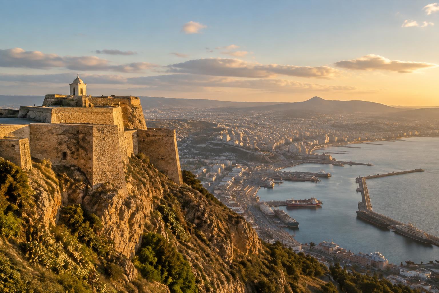 Fort et chapelle de Santa Cruz dominant la ville, le port et la baie d'Oran