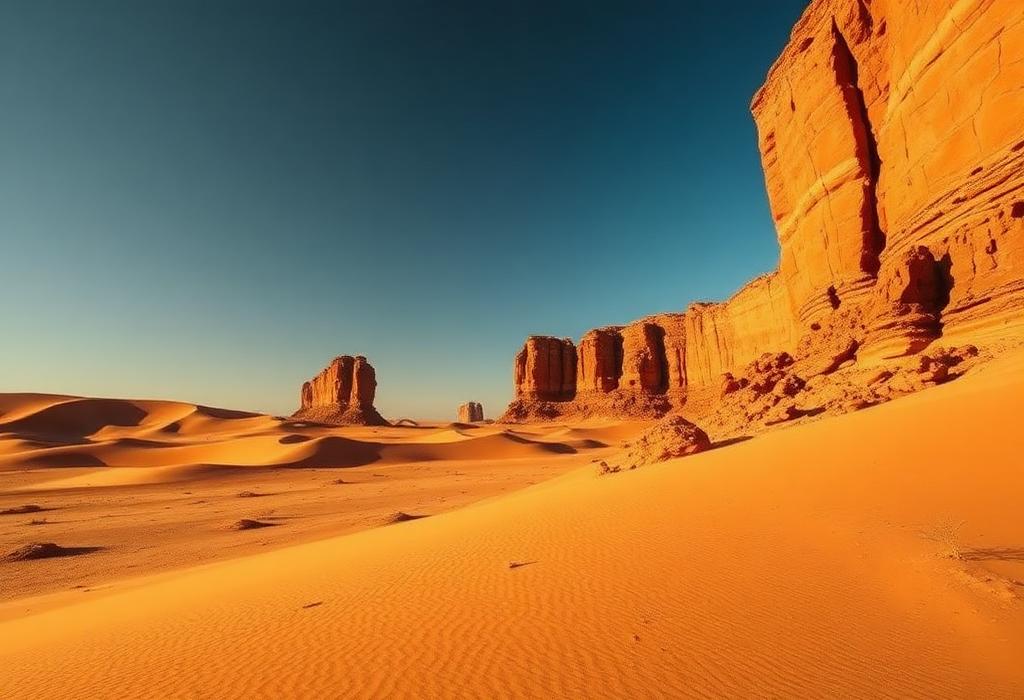 Falaises de grès et dunes dorées du Tassili n'Ajjer près de Djanet