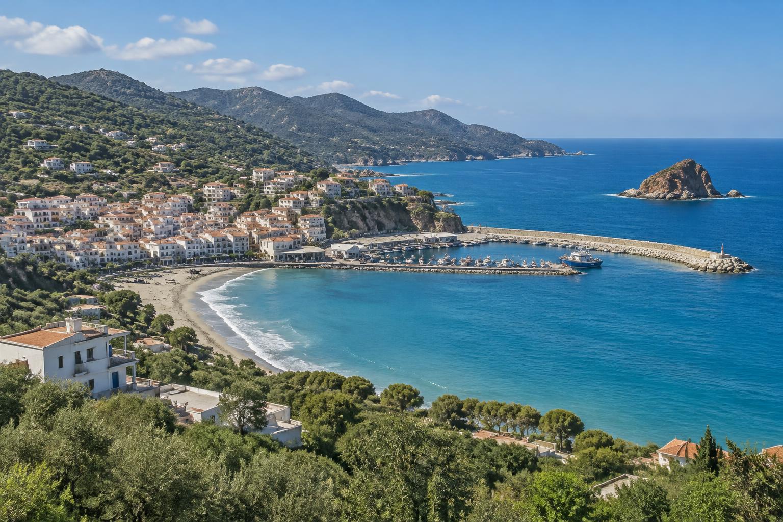Tigzirt-sur-Mer avec sa plage, son port, ses collines et son îlot rocheux